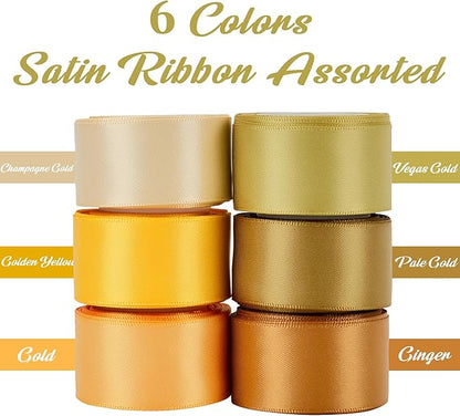 HUIHUANG Gold Ribbon for Gift Wrapping, 1" Assorted Satin Ribbon for Flower Bouquet, Crafts, Bows Making, Holiday Home Decor - 6 Rolls