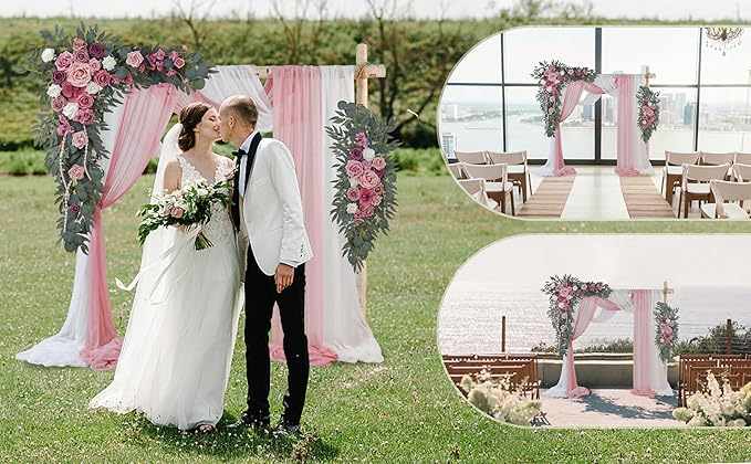 Ting's time Artificial Wedding Arch Flowers Kit(Pack of 4) 2pcs Large Artificial Flower Swags with 2pcs Draping Fabric for Wedding Party Ceremony Decoration(Blush&Rose Red)
