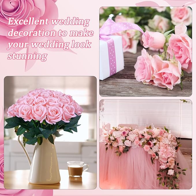 30pcs Fake Roses Artificial Silk Flowers Long Stems Bouquet for Wedding Bridal Shower Party Home Decoration (Pink)