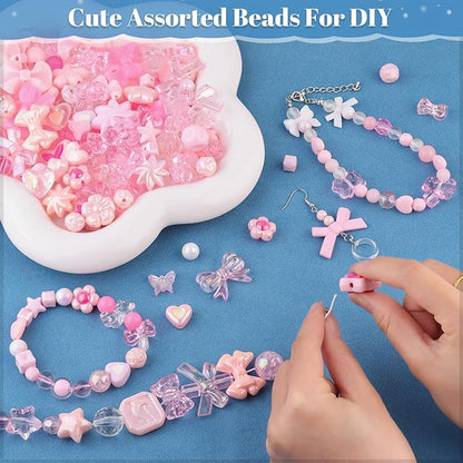 Assorted Acrylic Beads, 200-260PCS Pink Cute Beads for Bracelet Making, GummyBear Bow Flower Candy Kawaii Charms for Jewelry Making DIY Necklace Keychain Phone Charm Christmas Gift