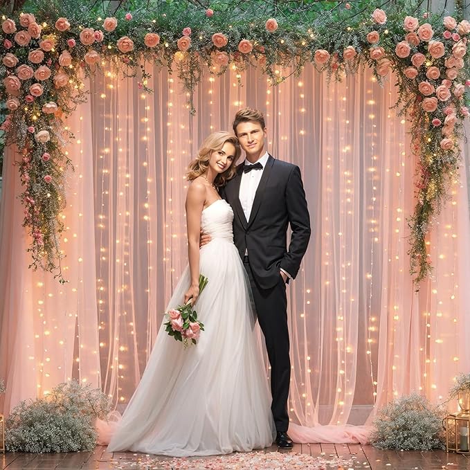 10x8ft Peach Tulle Backdrop Curtain with Lights String for Parites, Sheer Backdrop Curtains for Wedding Baby Shower Birthday Party Photo Shoot Decorations