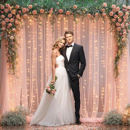 10x8ft Peach Tulle Backdrop Curtain with Lights String for Parites, Sheer Backdrop Curtains for Wedding Baby Shower Birthday Party Photo Shoot Decorations