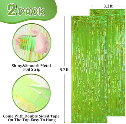 2 Pack 3.3x8.2 Feet Neon Green Foil Fringe Backdrop Curtains, Tinsel Streamers Birthday Party Decorations, Fringe Backdrop for Graduation, Baby Shower, Gender Reveal, Disco Party