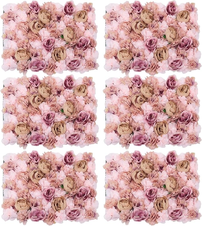Flower Wall Panels 3D Flower Wall Backdrop, 6Pcs Artificial Flower Wall Panel Silk Rose Floral Decorative Faux Flower Wall Background for Wedding Home Decoration (Autumn Pink, 23.6*15.7in)