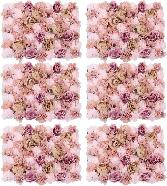 Flower Wall Panels 3D Flower Wall Backdrop, 6Pcs Artificial Flower Wall Panel Silk Rose Floral Decorative Faux Flower Wall Background for Wedding Home Decoration (Autumn Pink, 23.6*15.7in)
