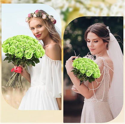 36 Pcs Silk Green Rose Bouquet Bridal Artificial Flowers,Fake Rose Long Stem Realistic Flowers Bulk for Wedding Bouquet Ball Arrangement Centerpiece Party Decor