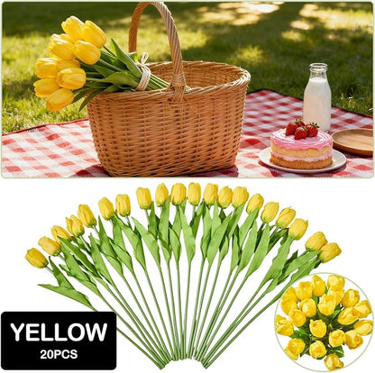 Artificial Flowers Mother's Day Easter Valentine's Day Gifts, Artificial Flowers Fake Tulips Flowers Home Kitchen Wedding Table Decorations a Bunch of 20 Yellow Tulips