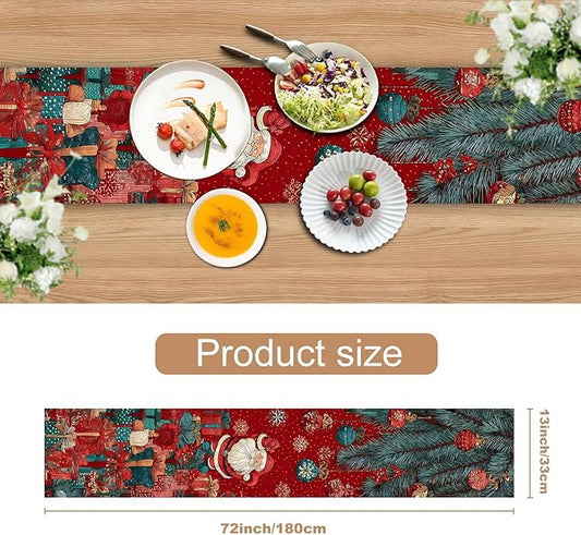 Christmas Table Runner 13 x 72 Inch, Vintage Santa Claus with Pine Branches and Gift Boxes, Red Festive Holiday Dining Table Decoration, Xmas Party Table Centerpiece