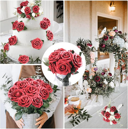 100 Pieces Artificial Foam Rose Flowers Faux Bouquet with Leaves and Stems for DIY Wedding Bouquets Centerpieces Bridal Shower Party Valentine Home Decorations(Red)