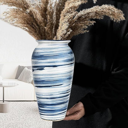 Decorative Ceramic Boho Floor Vase, 12 Inch Blue White Striped Tall Modern Flower Vase for Home Decor, Smooth Glaze Pottery Decor for Living Room,Entryway,Office,Shelf,Centerpieces Decor,Housewarming