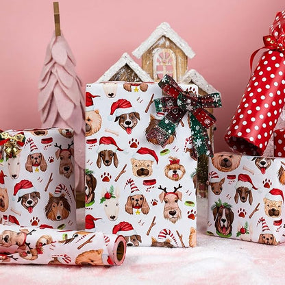 MAYPLUSS Christmas Wrapping Paper Roll - 17 Inch X 33 Feet - Cute Dog Hat Reversible Polka Dot Gift Wrapping Paper, Thick Wrap Paper for Holiday Party New Year Kids