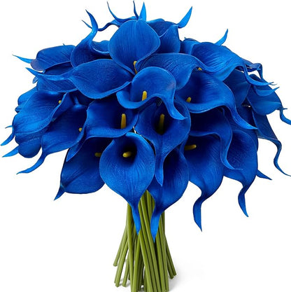 24 Pcs Blue Artificial Calla Lily Flowers Fake Blue Silk Flowers Real Touch for Wedding Bouquet Office Home Kitchen Decor