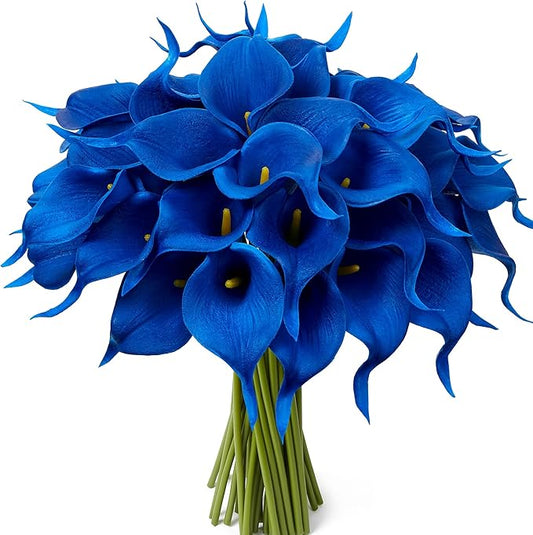 24 Pcs Blue Artificial Calla Lily Flowers Fake Blue Silk Flowers Real Touch for Wedding Bouquet Office Home Kitchen Decor