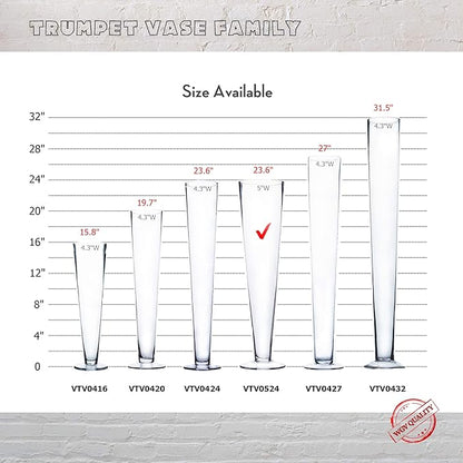 WGV Trumpet Glass Vase Bulk, Open 5", Height 23.5", (Multiple Sizes Choices) Clear Tall Pilsner Floral Planter Container Centerpiece, Wedding Event Home Decor, 6 Pieces (VTV0524)