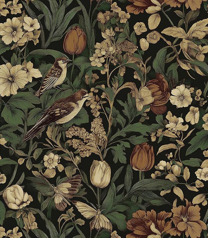 Erfoni 17.3" x 354" Bird Floral Peel and Stick Wallpaper Vintage Contact Paper for Livingroom Floral and Leaf Self Adhesive Wall Paper Retro DIY Removable Decorative Wallpaper Vinyl Roll Dark
