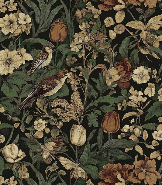 Erfoni 17.3" x 394" Bird Floral Peel and Stick Wallpaper Vintage Contact Paper for Livingroom Floral and Leaf Self Adhesive Wall Paper Retro DIY Removable Decorative Wallpaper Vinyl Roll Dark