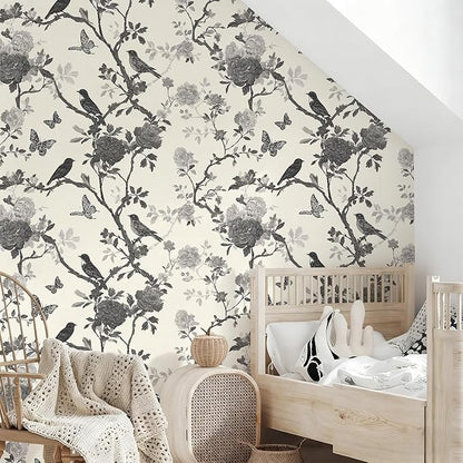 Vintage Peel and Stick Floral Bird Contact Paper Butterfly Removable Botanical Leaf Tree Wallpaper 17.7" x 118.11" Wall Paper Sketch Self Adhesive for Classroom Bedroom Laundry Room Bathroom