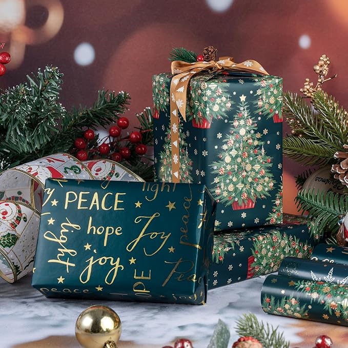 WRAPAHOLIC Christmas Wrapping Paper Roll - Mini Roll - 3 Rolls - 17 Inch x 120 Inch Per Roll - Green Christmas Tree and Snowflake Holiday Design with Metallic Foil Shine