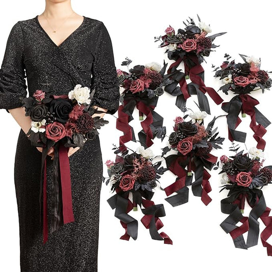 Ling's moment Artificial Flowers Gothic Bridesmaid Bouquet Set of 6, Burgundy and Black Bridal Bouquets for Bridesmaids, 7 Inch Wedding Flowers Bouquets for Wedding, Ceremony, Anniversary, etc