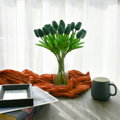 Mandy's Artificial Tulips 20 Stems Dark Green PU Faux Flowers for Thanksgiving and Christmas Decorations Wedding Home Decor 13.5 Inch
