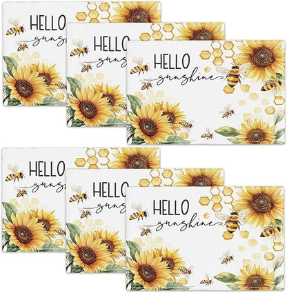 Farmhouse Sunflower Placemats Set of 6, Hello Sunshine Place Mats, Rustic Bee Dining Table Mats, Washable Placemats for Kitchen Dining Room Home Decor 18L'' × 12W''