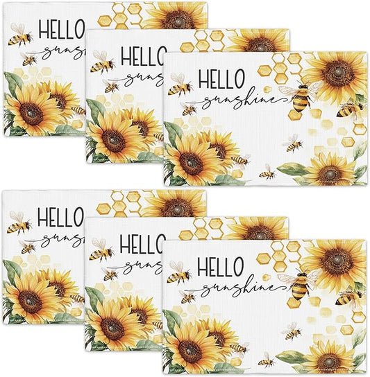 Farmhouse Sunflower Placemats Set of 6, Hello Sunshine Place Mats, Rustic Bee Dining Table Mats, Washable Placemats for Kitchen Dining Room Home Decor 18L'' × 12W''