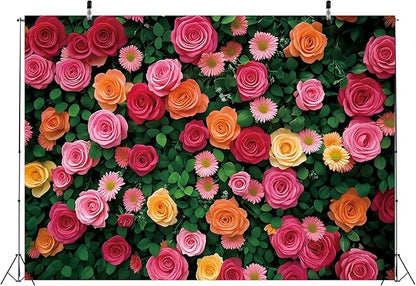 Flowers Backdrop for Photography Colorful Rose Floral Green Leaf Wall Backdrop for Valentine's Day Wedding Bridal Shower Birthday Party Decoration Supplies (94X70 inch (8x6FT))