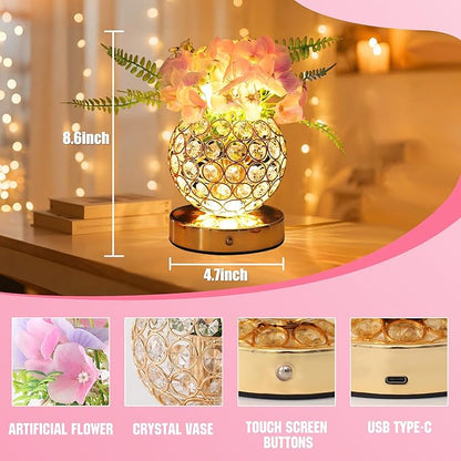 Pink Artificial Hydrangea Flower Lamp, 3 Color Dimmable Touch Control Night Light, Christmas Birthday Gifts for Women, Artificial Hydrangea Flower Table Lamp Decor for Bedroom Bar Coffee Shop Wedding
