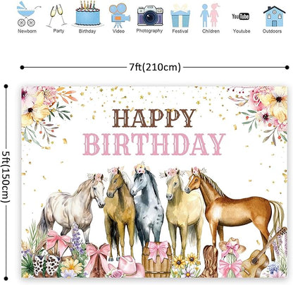 Riyidecor Horse Happy Birthday Backdrop Cowgirl Western Florals Flowers 7Wx5H Feet Polyester Fabric Bow Photography Background for Girls Women Princess Children Table Decor Banner Studio Photo Shoot