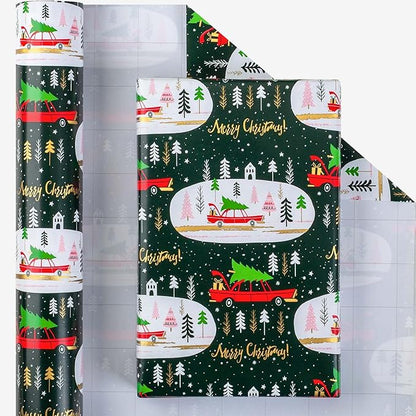 MAYPLUSS Green Christmas Wrapping Paper - 17In x 33 Feet - Truck, Christmas Tree Xmas Gift Wrapping, Gold Foil Wrapping Paper for Holiday, Party, Birthday New Year Gift Wrapping Paper,Mini Roll