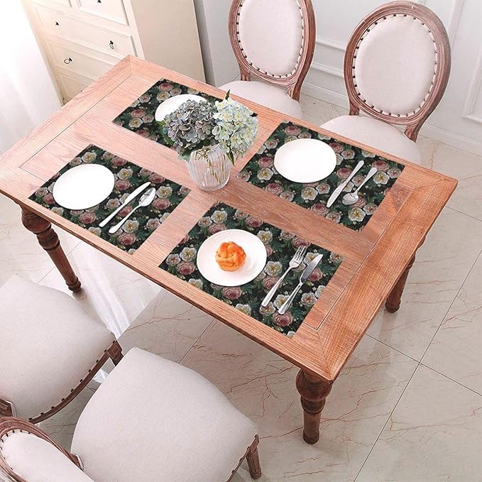 Placemats Set of 4 PVC Woven Place Mats Heat Resistant Easy to Clean for Indoor Outdoor Party Kitchen Dining Table Decoration 12"x18",Embroidered Rose Pattern