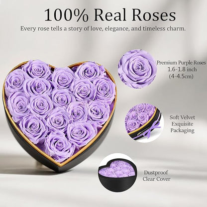 16 Preserved Roses in Heart Shape Gift Box for Her - Forever Flowers for Delivery, Eternal Rose Mothers Gifts for Mom, Wife Anniversary Birthday Gifts for Women, Purple