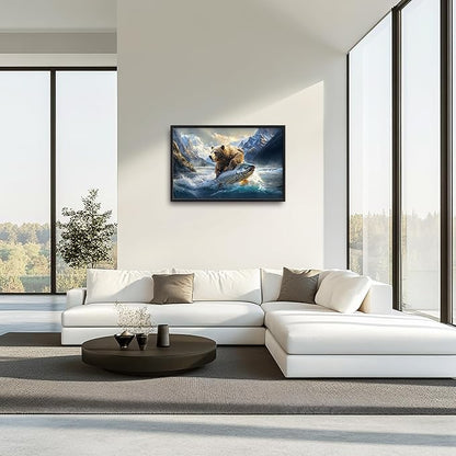 Bear Fish Large Decor Framed Wall Art Mountain Pictures for Living Room, Oversized Canvas Print Painting Modern Extra Large Framed Artwork for Bedroom Office Home Decor 36"x24"