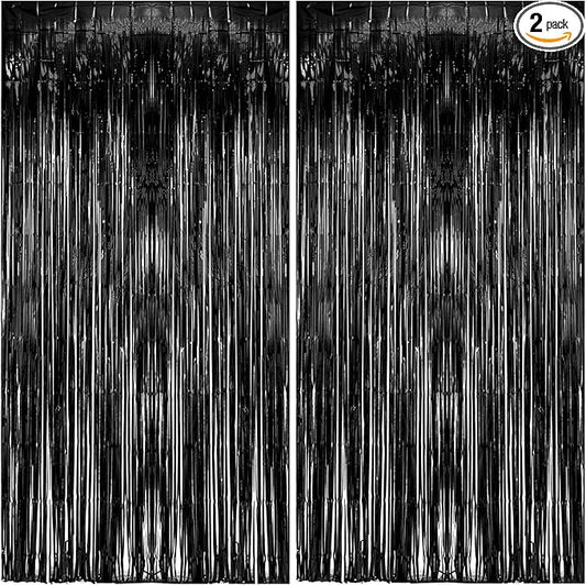 2 Pack Foil Curtain Backdrop Black Metallic Tinsel Foil Fringe Curtains Photo Booth Props for Birthday Wedding Engagement Baby Shower Bachelorette Christmas Holiday Celebration Party Decorations