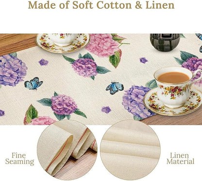 Hydrangea Table Runner, Spring Summer Watercolor Purple Floral Seasonal Country Farmhouse Coffee Table Center Decor for Home Kitchen Dining Patio Holiday Party Table Decorations 13x36 inches