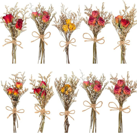 VAIPI 10 Pack Red Rose Dried Flower Bouquets Natural Real Dry Flowers with Stem Mini Roses Flower Bundles Dried Floral Arrangement for Vase, Carfts, Wedding, Valentines Day, Anniversary, Home Decor