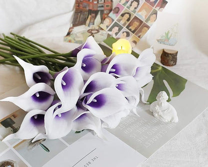 DuHouse 20Pcs Calla Lily Artificial Real Touch Latex Flowers Fake Wedding Bouquet Home Wedding Party Decor (Purple White)
