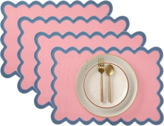 Folkulture Placemats Set of 4 | (13 x 19) 100% Cotton Rustic Place Mats | Heat Resistant Woven Table Mats for Dining Table Decor | Boho Placemats or Scalloped Placemats (Blush)