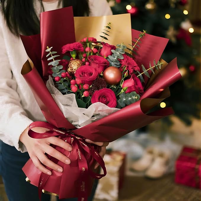 LeZakaa 20 Sheets Christmas Flower Wrapping Paper, Wine Red and Gold Design Waterproof Reversible Floral Bouquet Paper, for Valentines, Mothers Day, Party, Birthday, Wedding, Baby Shower
