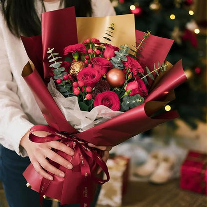 LeZakaa 20 Sheets Christmas Flower Wrapping Paper, Wine Red and Gold Design Waterproof Reversible Floral Bouquet Paper, for Valentines, Mothers Day, Party, Birthday, Wedding, Baby Shower