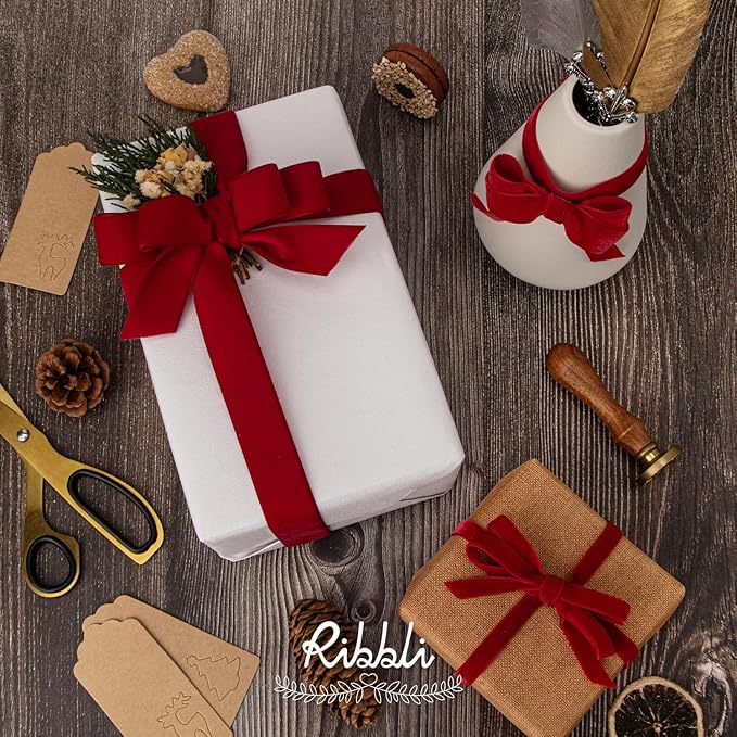Ribbli Dark Red Velvet Ribbon 3/8 Inches Continuous 25 Yard Spool Dark Red Christmas Ribbon for Gift Wrapping Crafts Home Decor