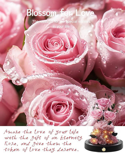Christmas Flowers Roses Gifts for Mom,Forever Real Preserved Roses in Glass Dome,Christmas Anniversary Thanksgiving Gifts for Wife Girlfriend Women Best Friend GrandmaPink Rose