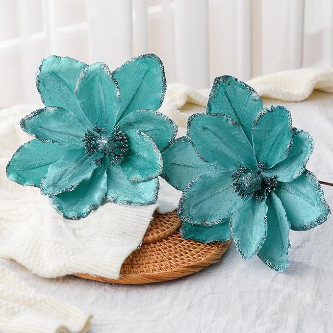 8 Pcs Large Christmas Flower Magnolia Flowers Christmas Tree Decoration Artificial Poinsettia Stems Velvet Xmas Ornaments for Xmas Tree Table Decor(Light Blue,12 Inch)