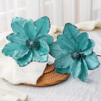 8 Pcs Large Christmas Flower Magnolia Flowers Christmas Tree Decoration Artificial Poinsettia Stems Velvet Xmas Ornaments for Xmas Tree Table Decor(Light Blue,12 Inch)