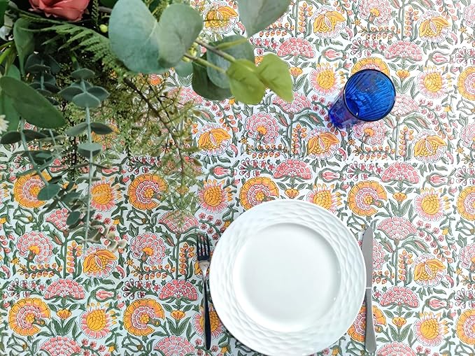 ATOSII Clover Yellow 100% Cotton Rectangle Fall Tablecloth, Handblock Floral Print Linen Table Cloth for Kitchen Dining I Parties, Outdoors, Christmas, Thanksgiving I 72 X 120 Inches I 10 Seater