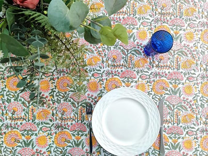 ATOSII Clover Yellow 100% Cotton Rectangle Fall Tablecloth, Handblock Floral Print Linen Table Cloth for Kitchen Dining I Parties, Outdoors, Christmas, Thanksgiving I 72 X 120 Inches I 10 Seater