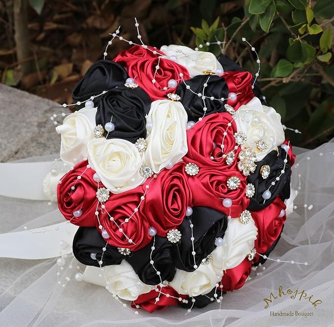 Bridal Wedding Bouquet Round Bling Brooch Bouquet Throw Toss Artificial Rose Flower Bunch for Bride Bridesmaid Wedding Quinceanera(Ruby Red, Black & Ivory, 6.3")