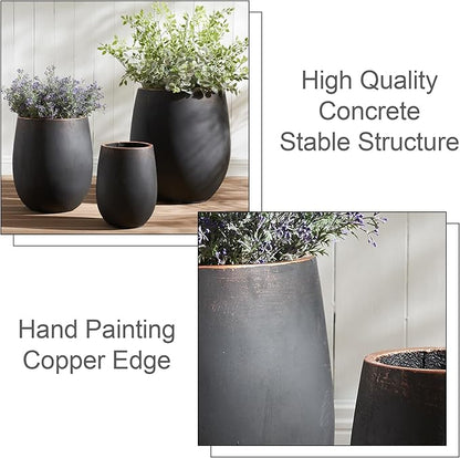 Wallowa 15.5" H Outdoor Concrete Planter, Round Flower Pot with Drainage Hole and Silicone Plug, Plant Container for Garden, Patio, Home, Office, Black, Copper Rim, 1 Pack