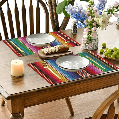 Mexican Colorful Stripes Placemats Set of 4, Placemats Dining Table Mat Set,12x18 Washable Stain Resistant Wipeable Cloth Placemat for Kitchen Buffet Parties