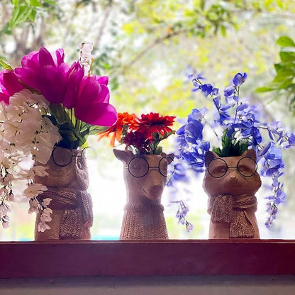 Set of 3 Bespectacled Animal Cement Vases – Fox, Owl, Deer, Gold Accents, Knit Textured Scarves, Real Wire Glasses, Whimsical Decorative Planters for Indoor Plants, Eclectic Gift for Home or Office